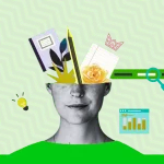 An image showing a head with creative elements like a notebook, flowers, and a magnifying glass emerging, set against a green zigzag background with icons for analytics and targets - Types of Keywords in SEO