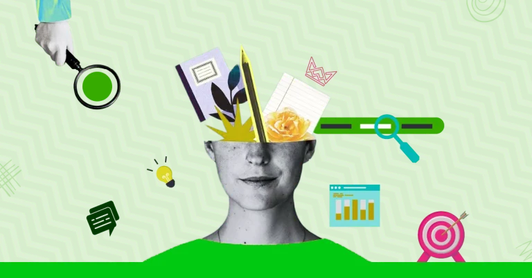 An image showing a head with creative elements like a notebook, flowers, and a magnifying glass emerging, set against a green zigzag background with icons for analytics and targets - Types of Keywords in SEO