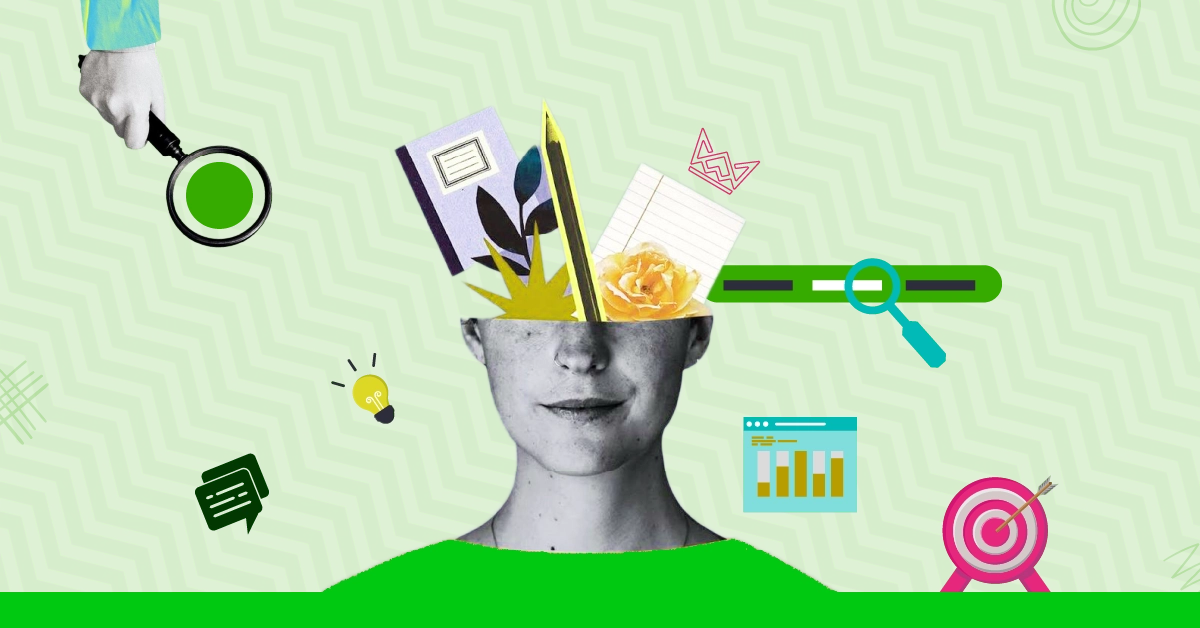 An image showing a head with creative elements like a notebook, flowers, and a magnifying glass emerging, set against a green zigzag background with icons for analytics and targets - Types of Keywords in SEO