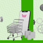 A digital collage-style illustration on a green zigzag-patterned background, representing ecommerce SEO Guide. A smartphone with a shopping cart filled with bags in front of it symbolizes online shopping.