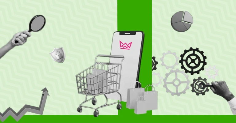 A digital collage-style illustration on a green zigzag-patterned background, representing ecommerce SEO Guide. A smartphone with a shopping cart filled with bags in front of it symbolizes online shopping.