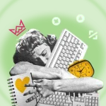 A person holding a notebook with various icons and elements around them on a green background, including a yellow heart, a clock, and two keyboards. Surrounding the person are icons like a pink gear, a green magnifying glass, and other abstract symbols - Freelance gigs