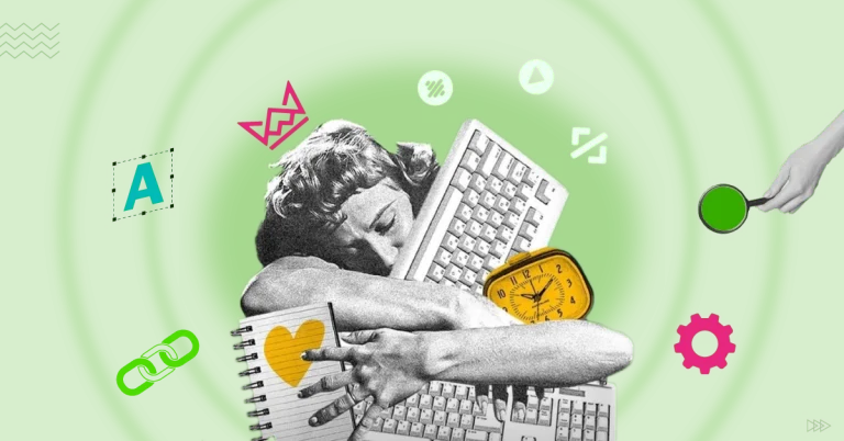 A person holding a notebook with various icons and elements around them on a green background, including a yellow heart, a clock, and two keyboards. Surrounding the person are icons like a pink gear, a green magnifying glass, and other abstract symbols - Freelance gigs