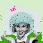 A retro-style black-and-white woman smiling, holding a futuristic neural network graphic above her head, with colorful icons representing innovation, coding, and analytics on a vibrant green background.