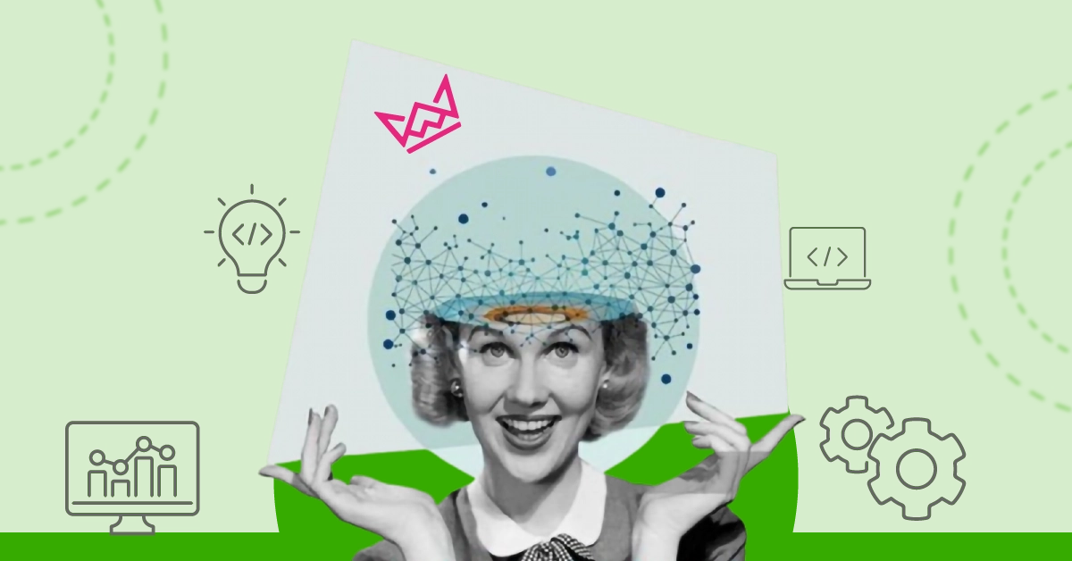 A retro-style black-and-white woman smiling, holding a futuristic neural network graphic above her head, with colorful icons representing innovation, coding, and analytics on a vibrant green background.