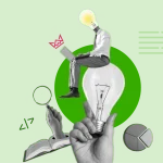 A person with a lightbulb for a head sits on a large lightbulb, holding a laptop, surrounded by symbols like gears, a magnifying glass, and a book. The image represents innovation, research, and technology - Improve On-page SEO