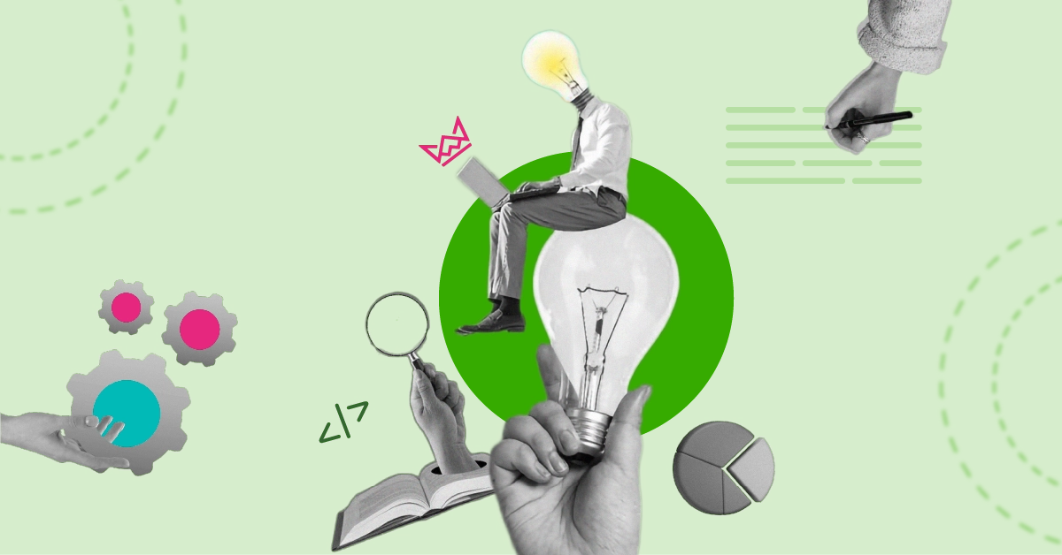 A person with a lightbulb for a head sits on a large lightbulb, holding a laptop, surrounded by symbols like gears, a magnifying glass, and a book. The image represents innovation, research, and technology - Improve On-page SEO