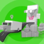 Illustration of e-commerce logistics with a truck, storefront, and shopping cart on a green background with optimization icons - Link building case study