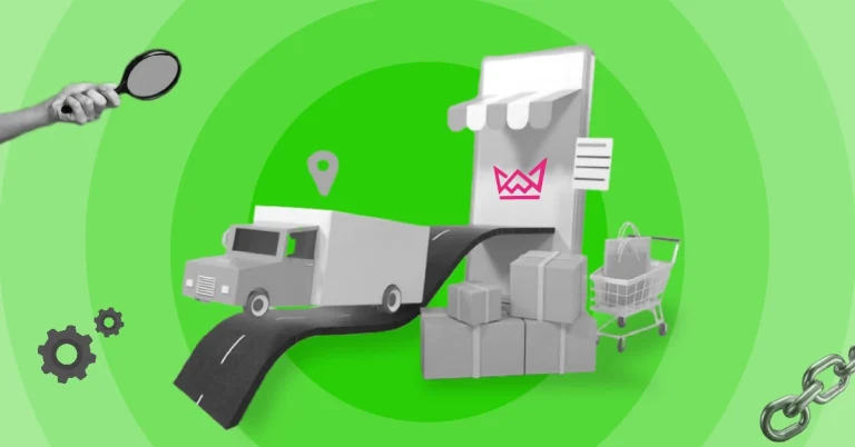 Illustration of e-commerce logistics with a truck, storefront, and shopping cart on a green background with optimization icons - Link building case study