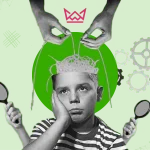 Surreal collage of a child with an open brain, controlled by hands, with gears and magnifying glasses on a green background - niche edits