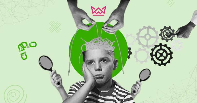 Surreal collage of a child with an open brain, controlled by hands, with gears and magnifying glasses on a green background - niche edits