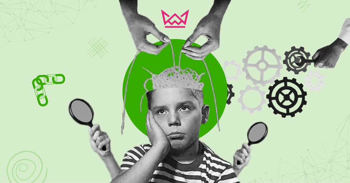 Surreal collage of a child with an open brain, controlled by hands, with gears and magnifying glasses on a green background - niche edits