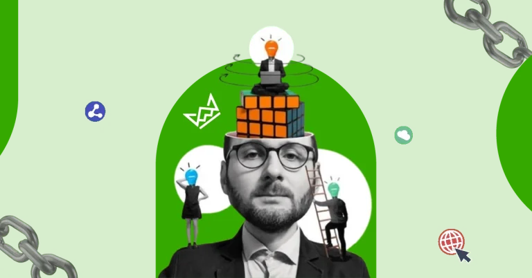 Creative PBN blog banner with a man, Rubik’s cube, lightbulbs, and figures symbolizing ideas and innovation - Private Blog Network