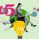 Best on page SEO tools - Collage of a woman, laptop, gears, and a light bulb on a green background, symbolizing SEO tools