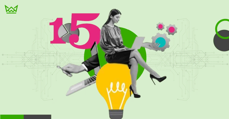 Best on page SEO tools - Collage of a woman, laptop, gears, and a light bulb on a green background, symbolizing SEO tools