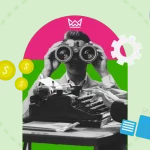 A vintage-style man with binoculars at a typewriter is surrounded by modern graphics, symbolizing freelance work and financial opportunities - Freelance Writing Gigs