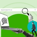 A creative SEO-themed banner showing a search bar with "how to do Keyword research for SEO," a magnifying glass, and a laptop with a target icon.