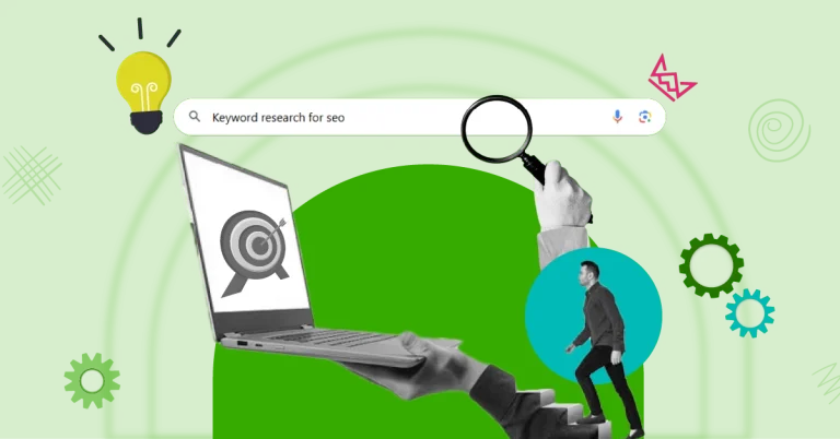 A creative SEO-themed banner showing a search bar with "how to do Keyword research for SEO," a magnifying glass, and a laptop with a target icon.