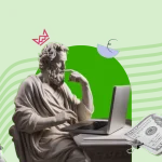 A creative banner illustrating freelance jobs, featuring a philosopher statue using a laptop and a businessman with a lightbulb head sitting on a floating dollar bill. A hand holding a money bag highlights high-paying remote freelance opportunities.