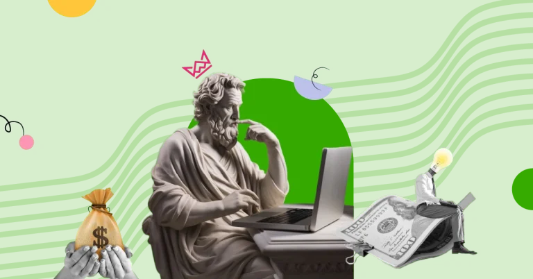 A creative banner illustrating freelance jobs, featuring a philosopher statue using a laptop and a businessman with a lightbulb head sitting on a floating dollar bill. A hand holding a money bag highlights high-paying remote freelance opportunities.