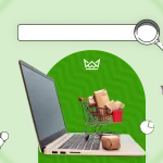 A digital collage-style illustration on a green background showcasing ecommerce seo strategy. A laptop with a miniature shopping cart filled with parcels emerges from the screen. Above it, a search bar with a magnifying glass symbolizes search engine optimization. Surrounding elements include a gear icon, speech bubbles, a pie chart, and black-and-white cutouts of hands handling packages, representing online shopping and digital marketing.