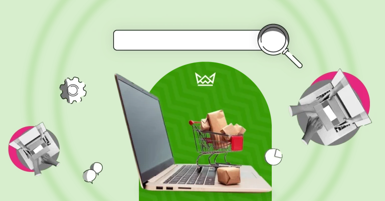 A digital collage-style illustration on a green background showcasing ecommerce seo strategy. A laptop with a miniature shopping cart filled with parcels emerges from the screen. Above it, a search bar with a magnifying glass symbolizes search engine optimization. Surrounding elements include a gear icon, speech bubbles, a pie chart, and black-and-white cutouts of hands handling packages, representing online shopping and digital marketing.