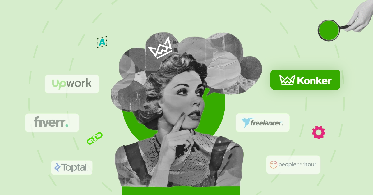 Top 10 freelance job websites like Konker, etc with a retro-style thinking woman.