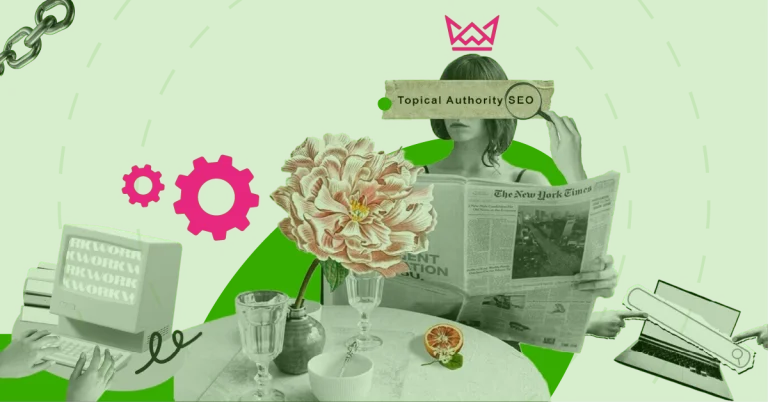 An image showcasing topical authoriy in SEO with a girl sitting with newspaper in her hand
