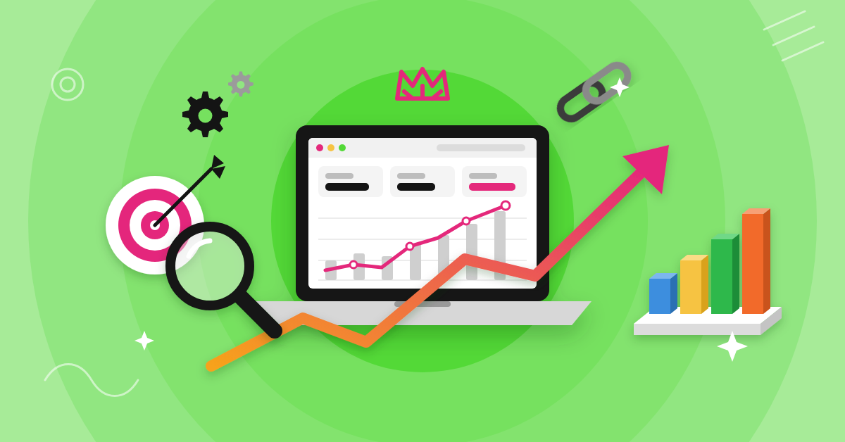 Konker SEO performance case studies: laptop analytics dashboard with a rising traffic chart