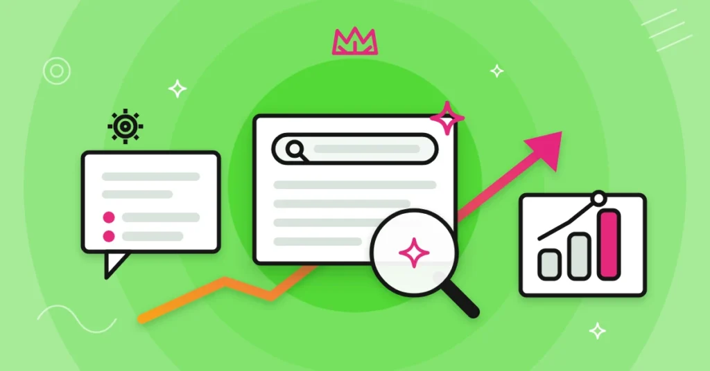 Illustration of AI SEO: an answer panel with a search bar and an AI sparkle, a magnifying glass, a chat card with citations and a rising visibility chart