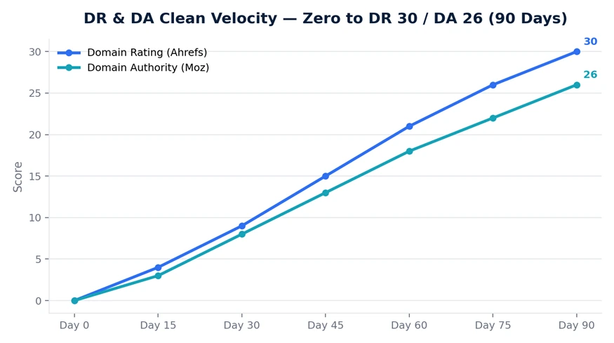 Line chart showing Ahrefs Domain Rating rising from 0 to 30 and Moz Domain Authority from 0 to 26 over 90 days.