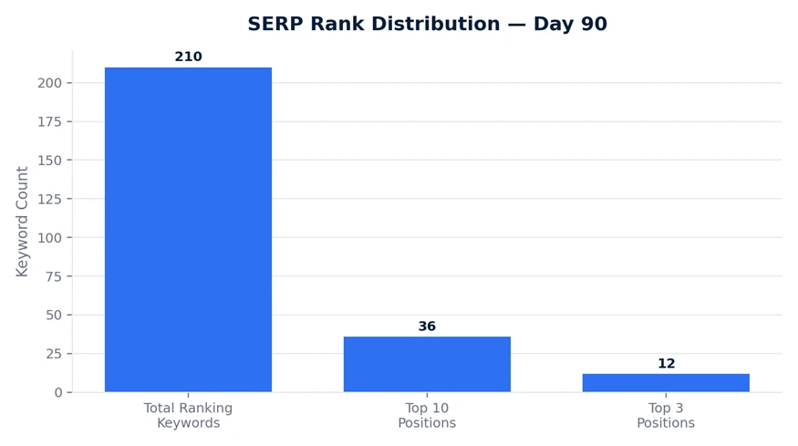 Bar chart of day 90 rankings: 210 total ranking keywords, 36 in the top 10 and 12 in the top 3.