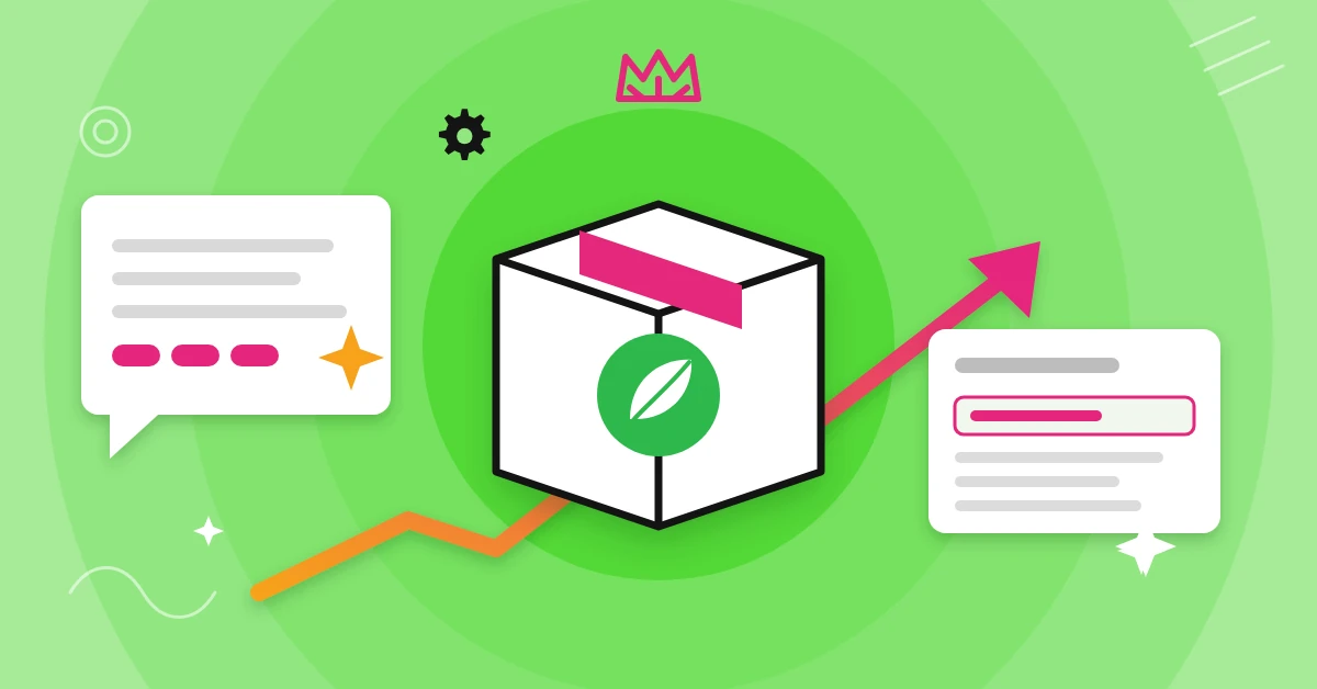Illustration of a parcel box with a leaf beside AI answer cards citing sources.