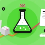 E-commerce SEO case study: lab flask, shopping bag, certificate seal and a cleaned-up sitemap with a rising traffic arrow