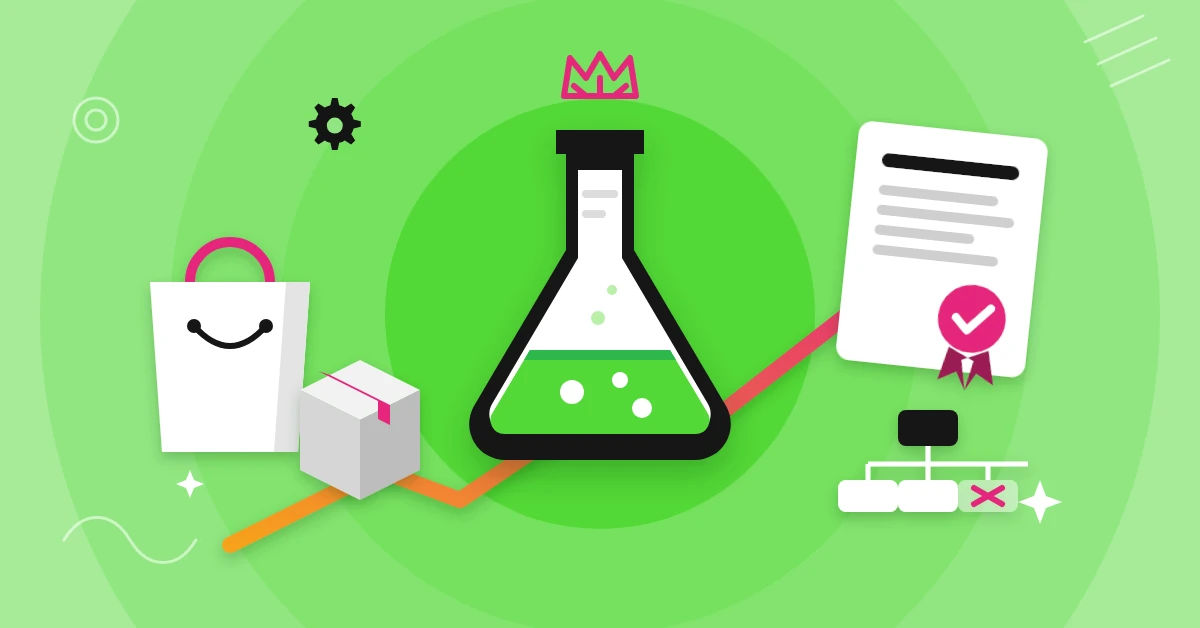 E-commerce SEO case study: lab flask, shopping bag, certificate seal and a cleaned-up sitemap with a rising traffic arrow