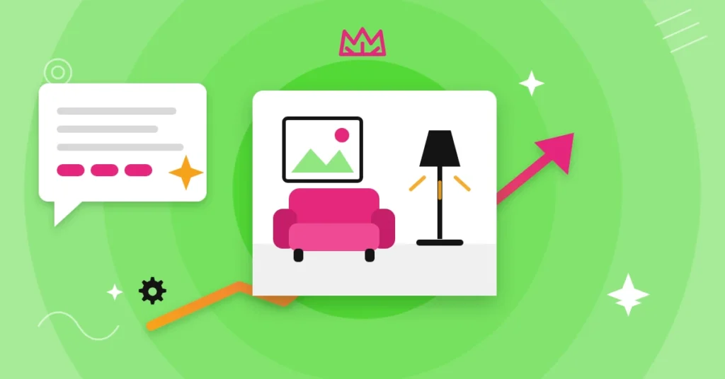 Illustration of a living room beside an AI answer card citing sources.