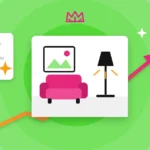 Illustration of a living room beside an AI answer card citing sources.