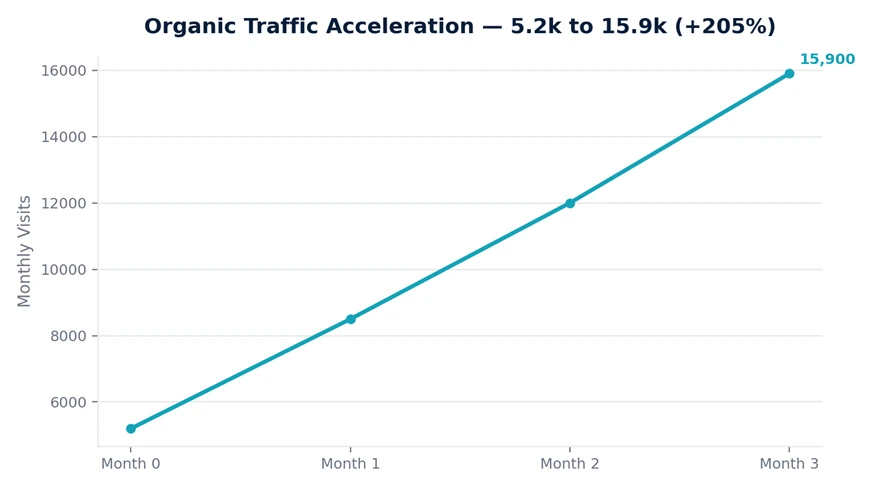 Line chart showing monthly organic traffic rising from 5,200 to 15,900 visits over three months.