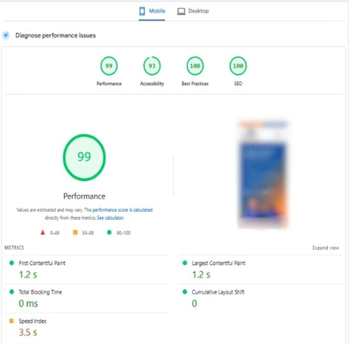 PageSpeed Insights mobile report after the work: performance score 99 and largest contentful paint 1.2 seconds.