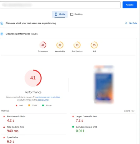 PageSpeed Insights mobile report before the work: performance score 41 and largest contentful paint 7.2 seconds.