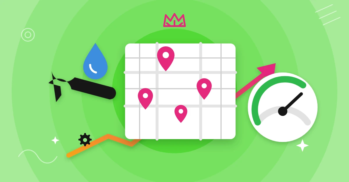 Illustration of a city map with location pins, a wrench and a speed gauge.