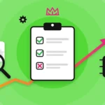 Illustration of an agency evaluation checklist, a magnifying glass over a star rating and an AI chip.