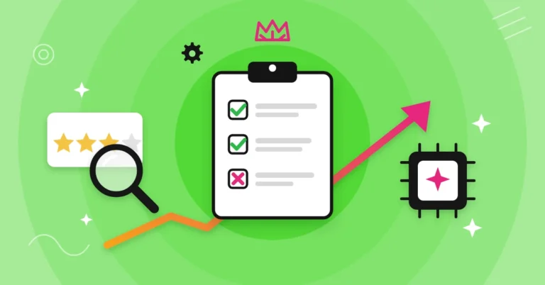 Illustration of an agency evaluation checklist, a magnifying glass over a star rating and an AI chip.