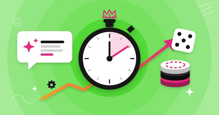 iGaming SEO sprint case study: stopwatch, AI chat bubble, casino chips and dice with a rising traffic arrow