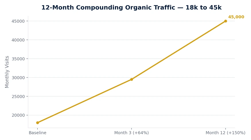 Line chart showing monthly organic traffic rising from 18,000 to 29,500 visits at month 3 and 45,000 visits at month 12.