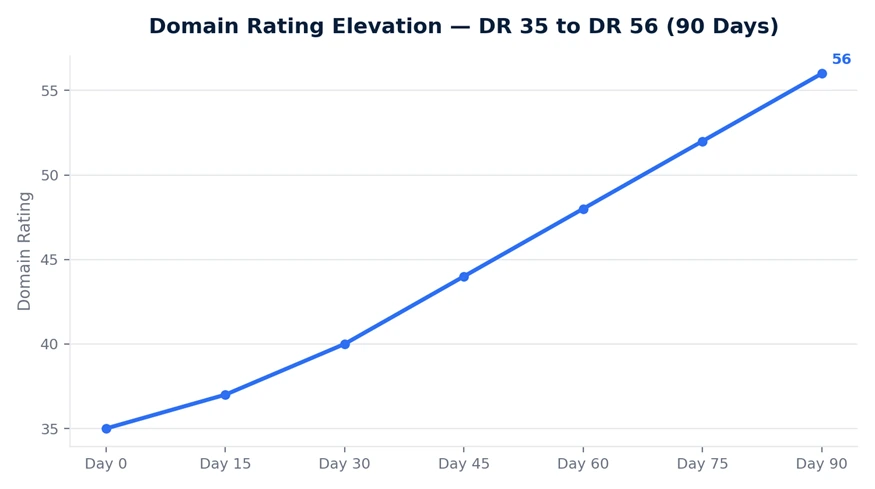 Line chart showing Domain Rating rising from DR 35 to DR 56 over 90 days.