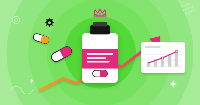 Illustration of a supplement bottle and capsules next to a rising performance chart.