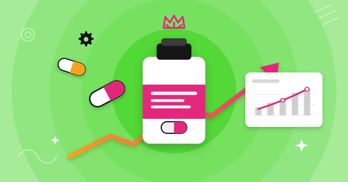 Illustration of a supplement bottle and capsules next to a rising performance chart.