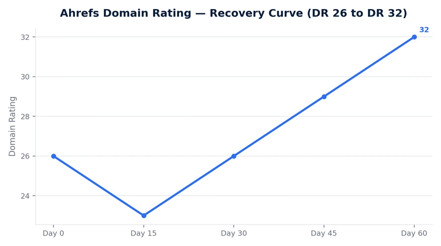Line chart showing Domain Rating dipping around day 15 and then climbing from DR 26 to DR 32 by day 60.