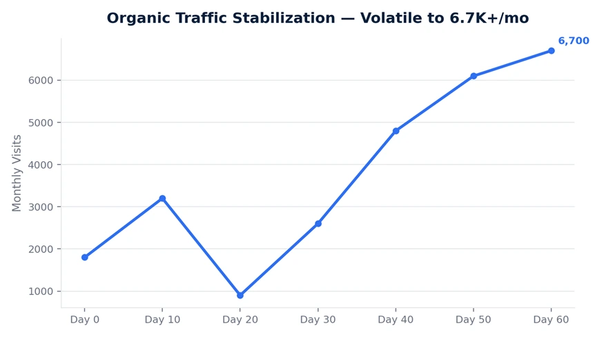 Line chart showing volatile organic traffic settling and climbing to 6,700 monthly visits by day 60.